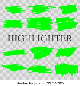 Hand drawn green highlight marker lines. Highlighter strokes isolated vector set. Vector illustration