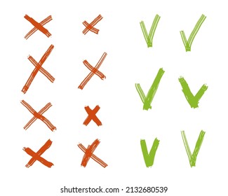 Hand drawn green hooks and red crosses set. Vote, no, yes symbols in sketch doodle style. Vector illustration isolated on white background