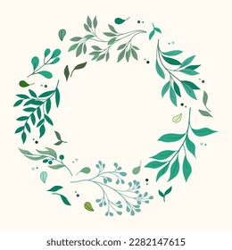 Elemento de diseño de hoja verde dibujado a mano sobre un fondo beige. follaje vegetal, elementos botánicos y hojas.