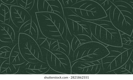 Hand drawn green leaves line art background with subtle grunge texture.Vector Illustration