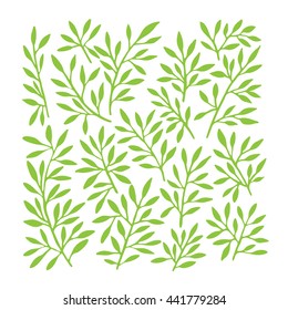 Hand drawn green  leaves set on white background. 