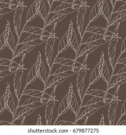 Hand drawn green leaves tree branch sketch seamless pattern. Vector nature vintage brown background illustration.