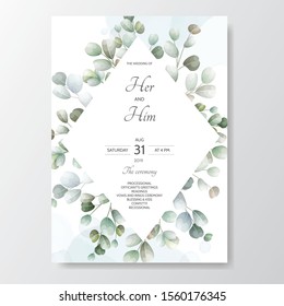 hand drawn green leaves wedding invitation card