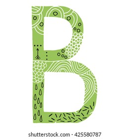 Hand drawn green letter B. Doodle style. Vector illustration