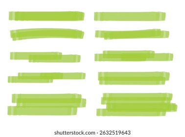 Trazos de marcador verde dibujados a mano, líneas de resaltador de Sharpie, subrayados de pincel de Vector, garabatos de resaltado de texto y rayas de garabato