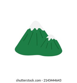 Hand drawn green mountain with snow white peak. Cute drawing style, scandinavian. Vector illustration isolated on white background