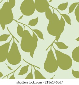 Hand Drawn Green Pear Branch Silhouette Vector Seamless Pattern