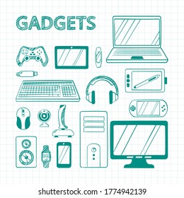 Hand drawn green pen electronic gadgets set. Sketches of computer technologies devices gaming equipment drawn on paper squared laptop with stationary PC joysticks keyboard. Portable doodle vector.