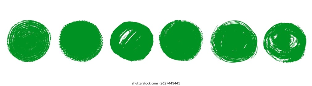 Hand drawn green pencil sketch circle scribble set. Brush smears highlight approved positive document decoration grunge graffiti style.