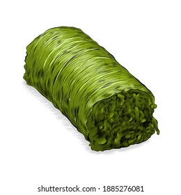 Hand drawn a green pistachio roll baklava vector illustration.