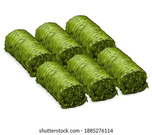 Hand drawn a green pistachio roll baklava vector illustration.