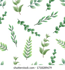 Hand drawn green plants combination vector illustration banner seamless background, wedding decoration elements, spring, summer plants, branches, leaves,
