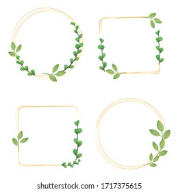 Plantas verdes dibujadas a mano deja el borde rectangular redondo dorado combinación ilustración vectorial fondo de banner, elementos decorativos para fiestas de boda, primavera, plantas de verano, ramas