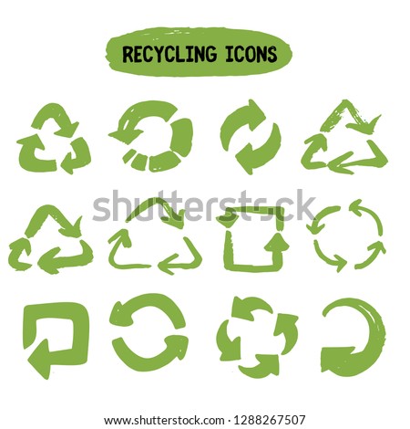 Hand drawn green recycling icon set grunge for concept design.