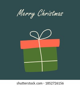 Hand drawn green and red gift, inscription Merry Christmas. Vector flat illustration on dark blue isolated background.