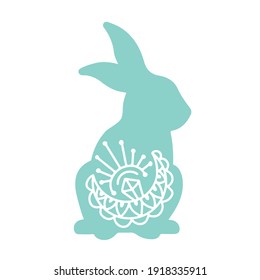 Hand drawn green silhouette Easter bunny with decorative element isolated on white background. Vector flat illustration. Design for invitation card, flyer, logo, textile  print