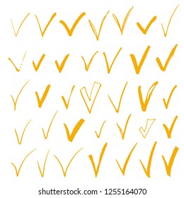 Hand drawn green sketch check mark. Tick design elements set isolated on white background