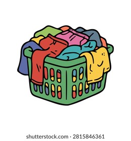 Hand drawn green square plastic laundry basket full of colorful clothes doodle for family chore chart and laundromat signage