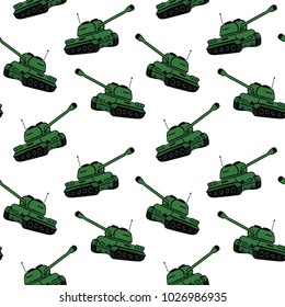 hand drawn green tank, repeating seamless pattern isolated on white background
