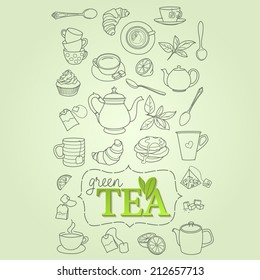 Hand drawn green tea doodle concept vector