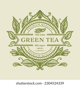 hand drawn green tea logo design with illustration of tea leaves on vintage emblem stamp