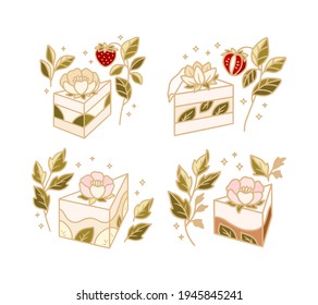 Hand drawn green tea matcha cake, pastry, bakery logo collection isolated on white background with peony flower, strawberry fruit, and natural leaf branch illustration elements