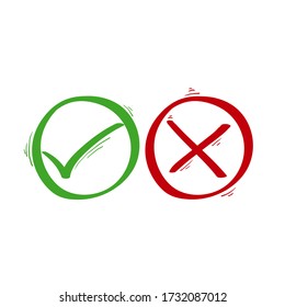 hand drawn Green tick symbol and red cross sign in circle. Icons for evaluation quiz. Vector. doodle