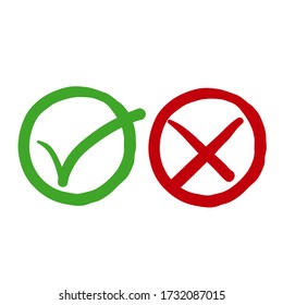 hand drawn Green tick symbol and red cross sign in circle. Icons for evaluation quiz. Vector. doodle