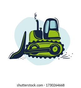 Hand drawn green tracked bulldozer crawler. Cute kids vector illustration.