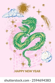 Hand drawn green traditional dragon with wings, sun moon, clouds, stars. Chinese new year symbol. Astrological background, horoscope design.