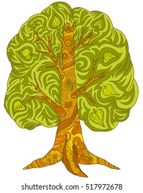Hand drawn green tree. Doodle coloring book for adult. On the tree painted floral patterns.