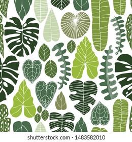 Hand drawn green tropical plants.Vector seamless pattern