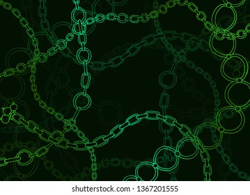 Hand drawn green and turquoise gradient colored chain pattern on black background. Copy space vector illustration