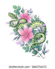 Hand drawn green twisted snake among pink flowers isolated on white. Vector spotted garden tree boa and wildflowers. Floral illustration in vintage style, t-shirt design, tattoo art.