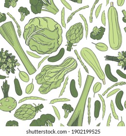 Hand drawn green vegetables on white background. Vector seamless pattern.