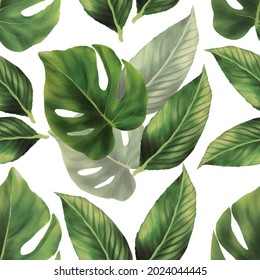 Hand drawn green watercolor leaves seamless pattern design