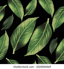 Hand drawn green watercolor leaves seamless pattern design