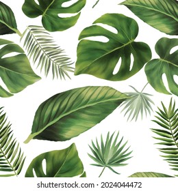 Hand drawn green watercolor leaves seamless pattern design