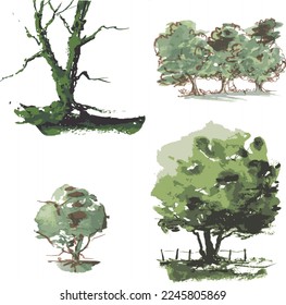 Hand drawn green watercolour tree illustration vector set 