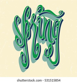 Hand drawn green word Spring over vintage beige textured background.