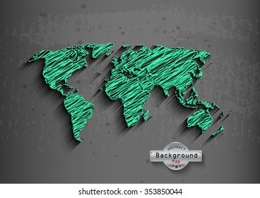 hand drawn green world map on a grey background. Vector EPS