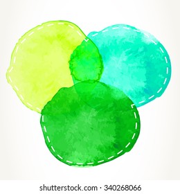 Hand drawn green and yellow watercolor circles with dash outline, isolated over white.
