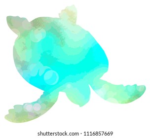 Hand drawn green-blue silhouette turtle with space for text isolated isolated on white background. Vector illustration. Sea theme. Perfect for invitation, greeting card, fashion print, banner, t shirt