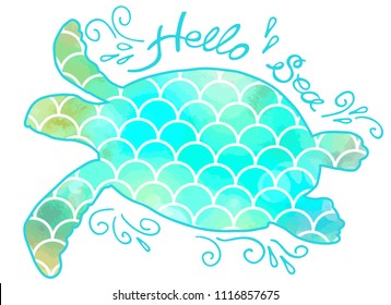 Hand drawn green-blue silhouette turtle with scales isolated on white background. Vector illustration. Sea theme. Perfect for invitation, greeting card, fashion print, banner, t shirt.