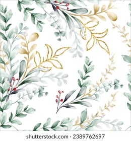 hand drawn greenery and gold leaves pattern