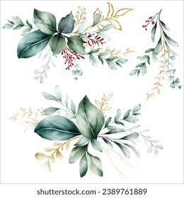 hand drawn greenery leaves watercolor bouquet