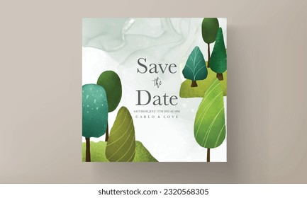 hand drawn greenery tree invitation card template with beautiful landscape