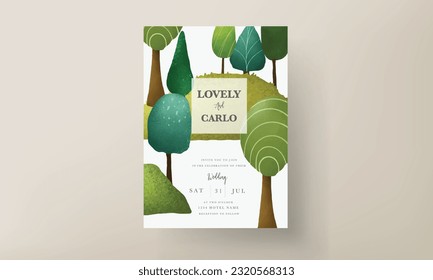 hand drawn greenery tree invitation card template with beautiful landscape