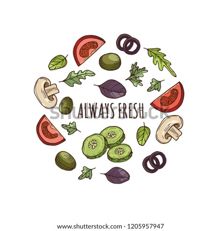 Hand drawn greens banner vector design. Sketched vegatables in circle and text always fresh illustration