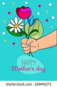 Hand drawn greeting card, banner, flyer, poster happy mothers day. Childrens hand holds bouquet of flowers. Vector illustration